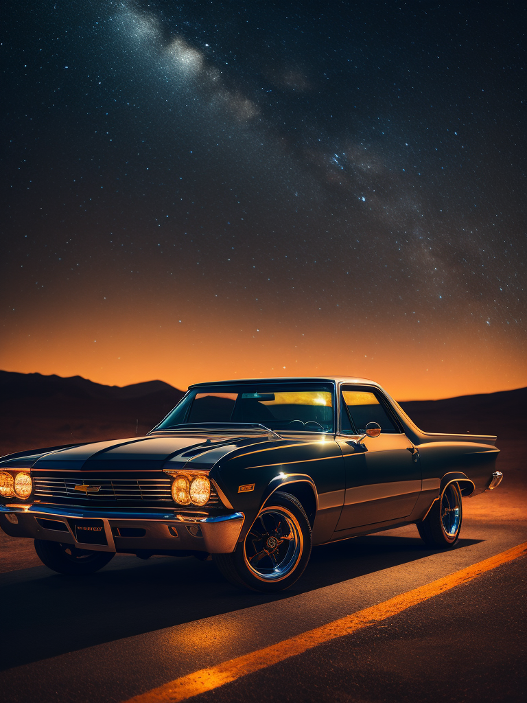 Chevrolet El Camino car desert night photography neon interior lighting photorealistic high definition cinematic photography starry sky background vintage car night time beauty desert drive