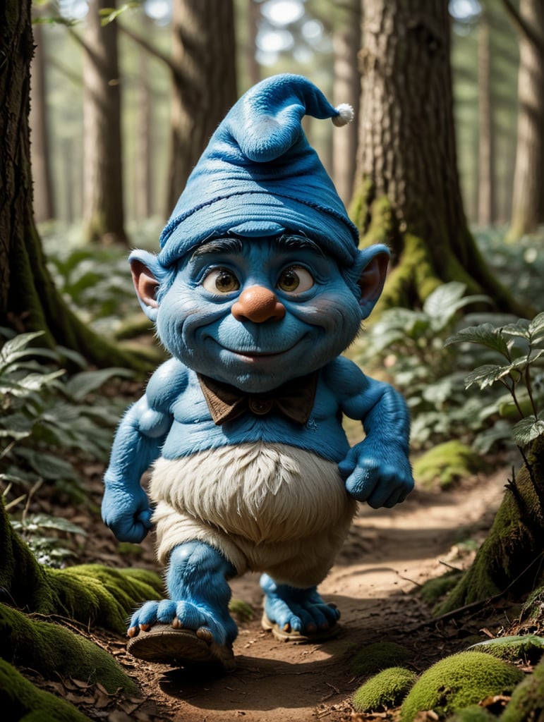 smurf grumpy face walking in beautiful forst