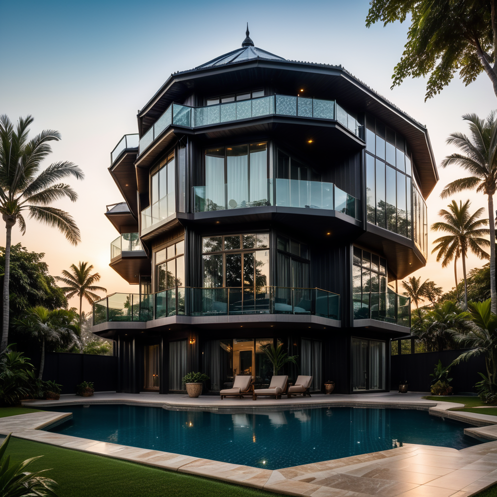 ultra real view for ultra luxury hexagonal shaped 3 floor Bunglow , award winning masterpiece with incredible details, epic stunning, ultra hd, realistic, highly detailed, perfect composition, , wide angle perspective camera view , high quality image ,beautiful detailed intricate insanely detailed octane render trending on artstation, 8k artistic photography, photorealistic concept art, soft natural volumetric cinematic perfect lightaward winning masterpiece with incredible details, epic stunning, front, cinematic lighting, symmetry, form, detailed, curved, crystal facade, trending on artstation, sharp focus, studio photo, intricate details, highly detailed, by greg