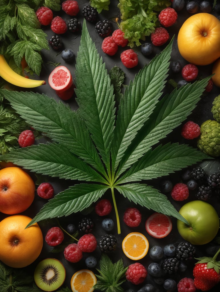 Photorealistic cannabis leaf surrounded by exotic fruit, berries, and vegetables