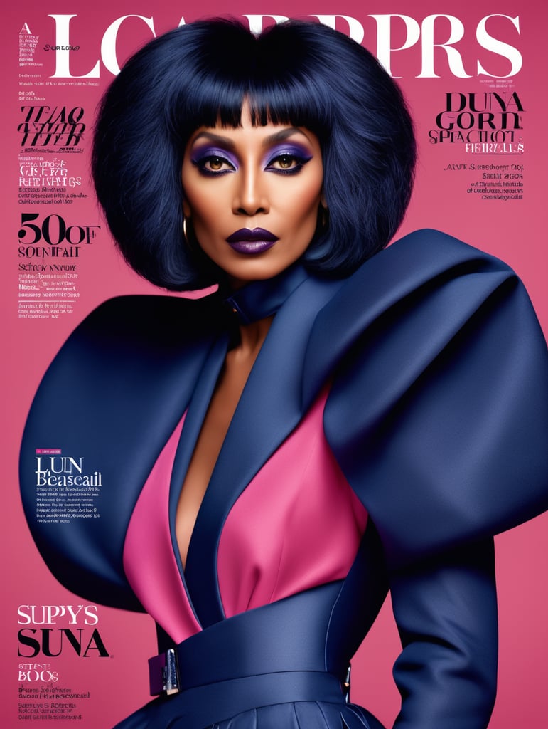 Donyale luna, avant-garde, simplygo, photoshoot spread, dressed in all indigo, pink background, harpers bizarre, cover, headshot, hyper realistic