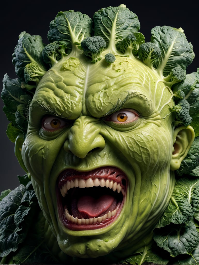 anthropomorphic evil cabbage with a huge head screams loudly, comic style, high resolution, hyperdetalization, photorealistic, high resolution