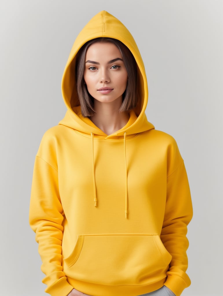 Portrait of a beautiful young woman wearing blank yellow hoodie, isolated, minimalism, mockup, mock up