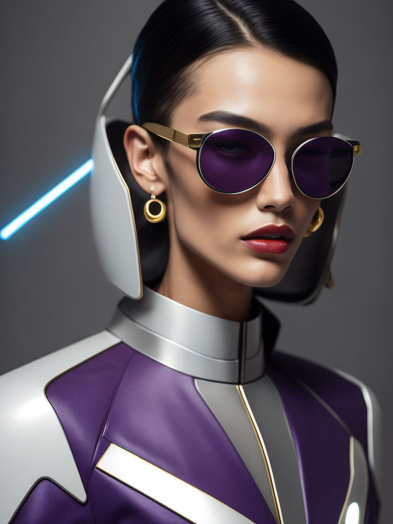 extremely detailed real photo with complex small details: thin beautifull super model in an elegant purple minimalistic suit couture, yellow details on uniform, clean grey color background, modern 1950's tight suit, wearing blow up sunglasses with futuristic see throug glass visor on top, hyper realistic, colored sharp lips, skin texture detailed, scifi, editorial fashion, Futuristic art, real person, futuristic fashion, sharp lines, light sources from above, cinematic lighting, smooth color grading, dynamic white, award winning photo, editorial photography, shot with PhaseOne camera