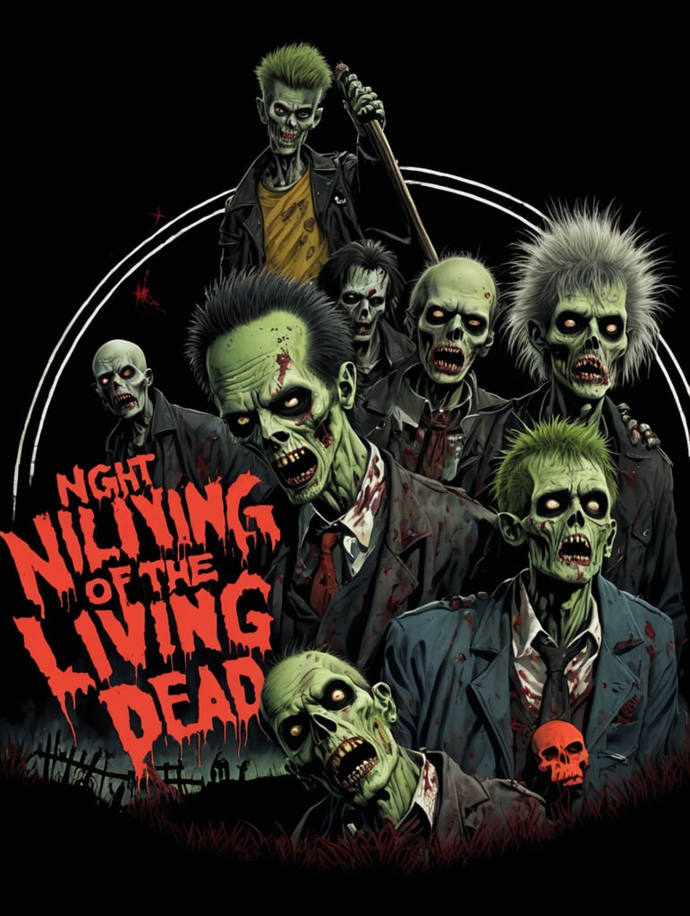 Night of the living, dead punk rock zombies in a graveyard high-quality details, deep focus, professional shot