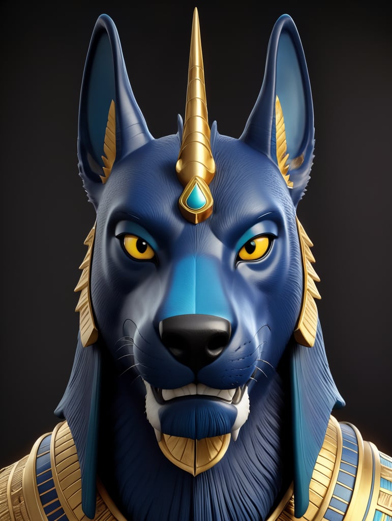 Egyptian god Anubis, portrait, hyper-realistic, dark style, focus on face, sharp on details, black background