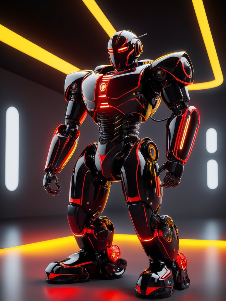 a red and black robot with neon lights, in the style of light black and yellow, octane render, polished craftsmanship, aquirax uno, precise craftsmanship