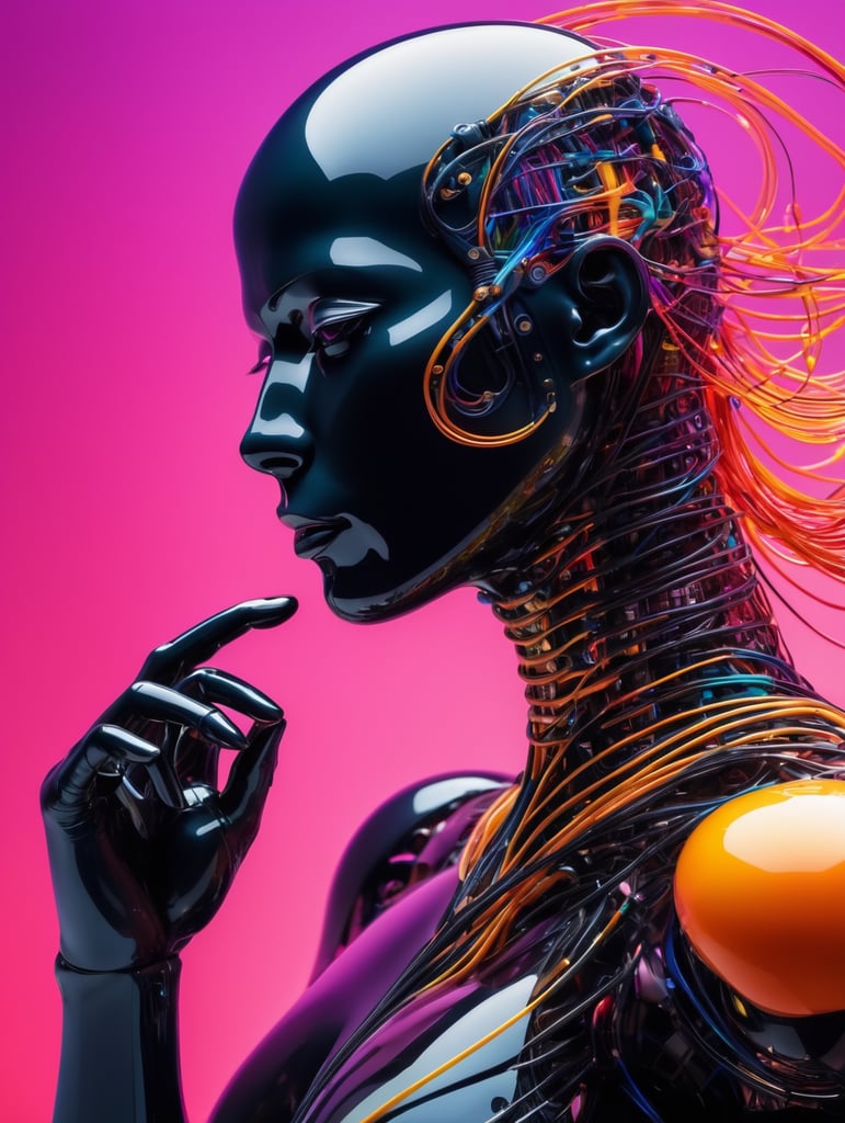 iseneld + abstract biomechanic humanoid dynamic pose portrait made of matte transparent rubber, smooth carbon fibre skin, circuits and sinuous wires, liquid shapes + vibrant color palette, biomorphic, minimalism, surrealism, dither + art station, perfect hands