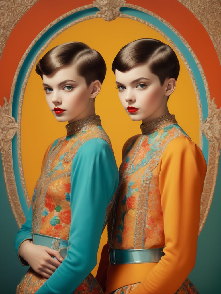 Vintage portrait of two young girls with short hair standing next to eachother, style of James Bidgood, frontal view, symmetry, Incredibly high detail, Bright colors