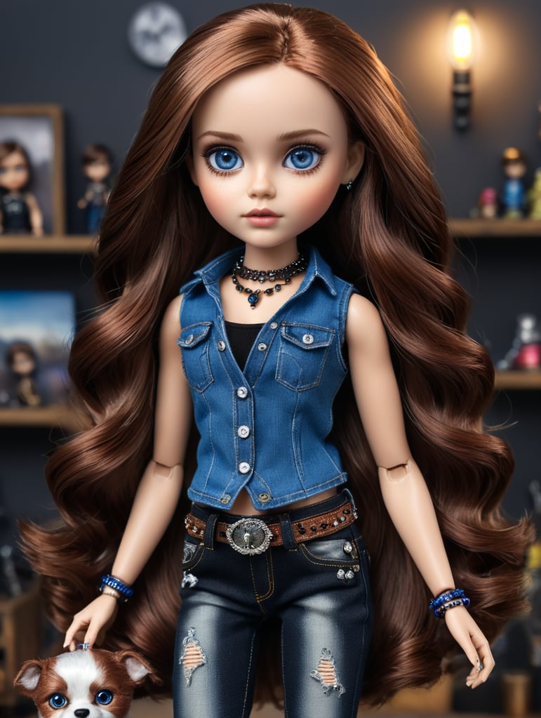 This is Katie, she had medium length brown auburn hair and blue eyes she wears dark wash jeans with a black studded tank and lots of silver jewelry. Make Katie a Blythe Doll in a box