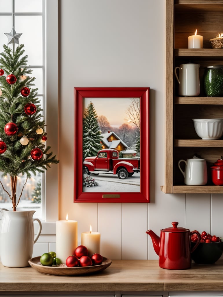 vertical picture frame mockup, cozy farmhouse kitchen, christmas decoration, red, white, green, christmas lights