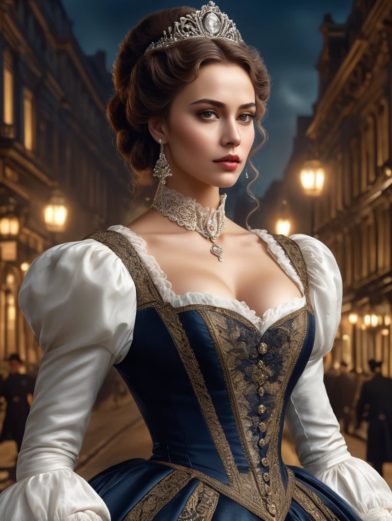 Detailed close-up portrait, front view, waist-high portrait of a handsome powerful 28-year-old woman in the image of an elegant aristocrat in a luxurious Victorian s clothes, in the background a night street of Victorian London, high detail, high contrast and clarity, octane rendering, book cover, concept art, artistic, 8k, photography, photorealism, dramatic, romantic, gothic, epic, cinematic lighting