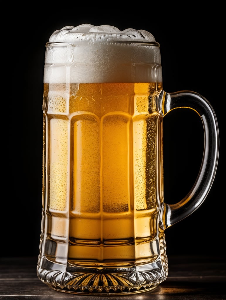 glass beer mug, isolated, black background, professional photo