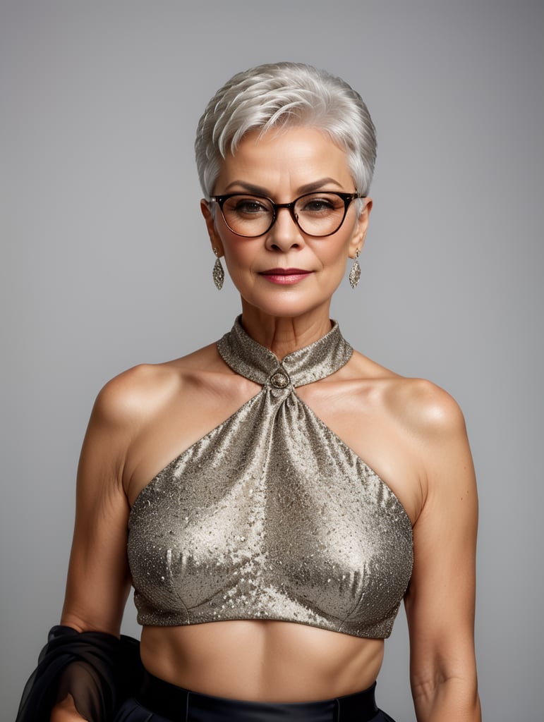 A portrait of a beautiful stylish older woman with white platinum short hair and big glasses, glamorous Hollywood portraits, highly realistic, daz3d, women designers, high resolution, very fashionable, colorful, dress as young woman