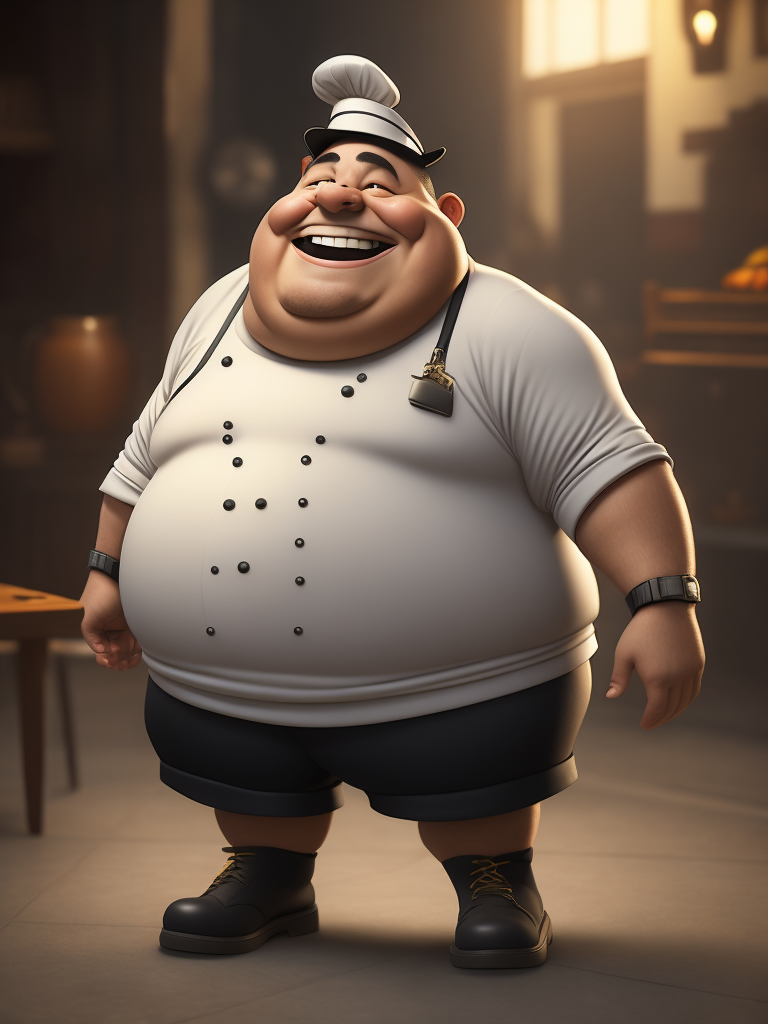 fat chef cartoon wearing shorts and smiling