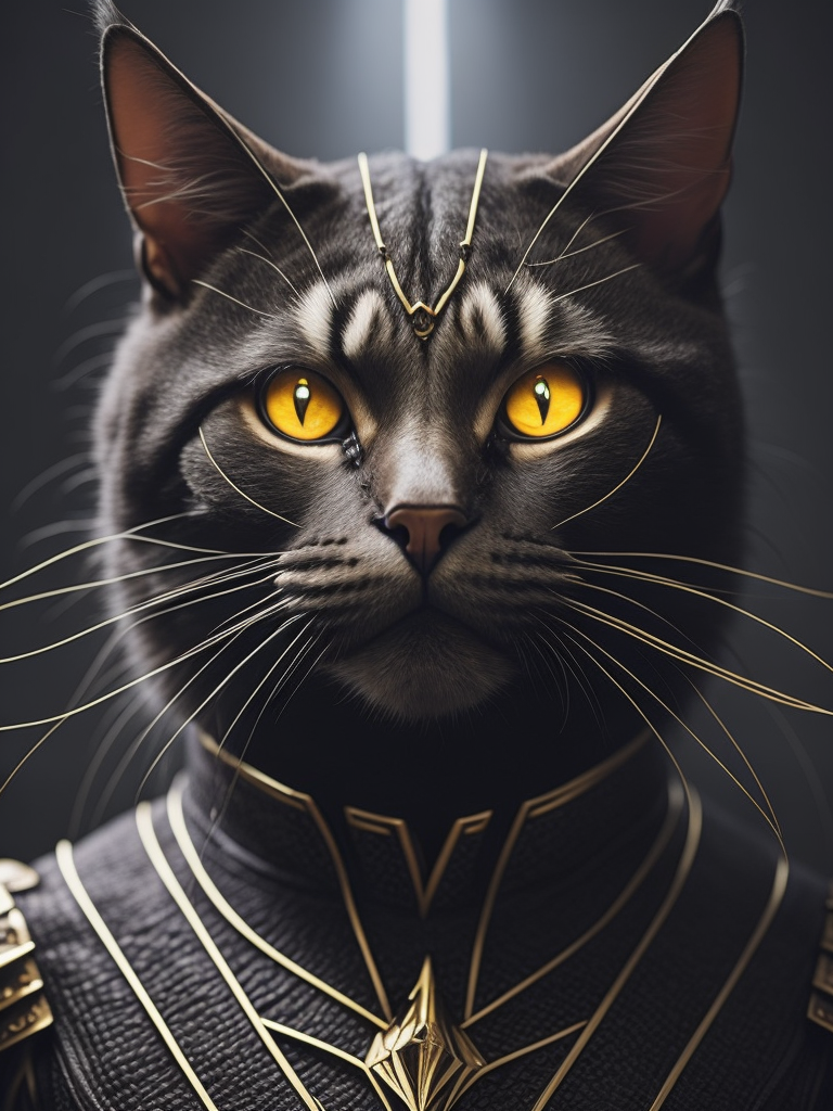 [anthropomorphism cat man], full body, glowing eyes, looking at viewer, dark fantasy demon, gothic cyber, horror egyptian mythology, mysterious golden metal wires, fractional shiny crystals, cult ritual, (masterpiece:1.2) :: (best quality:1.2) :: (intricate) :: (wallpaper), global illumination, ray tracing,