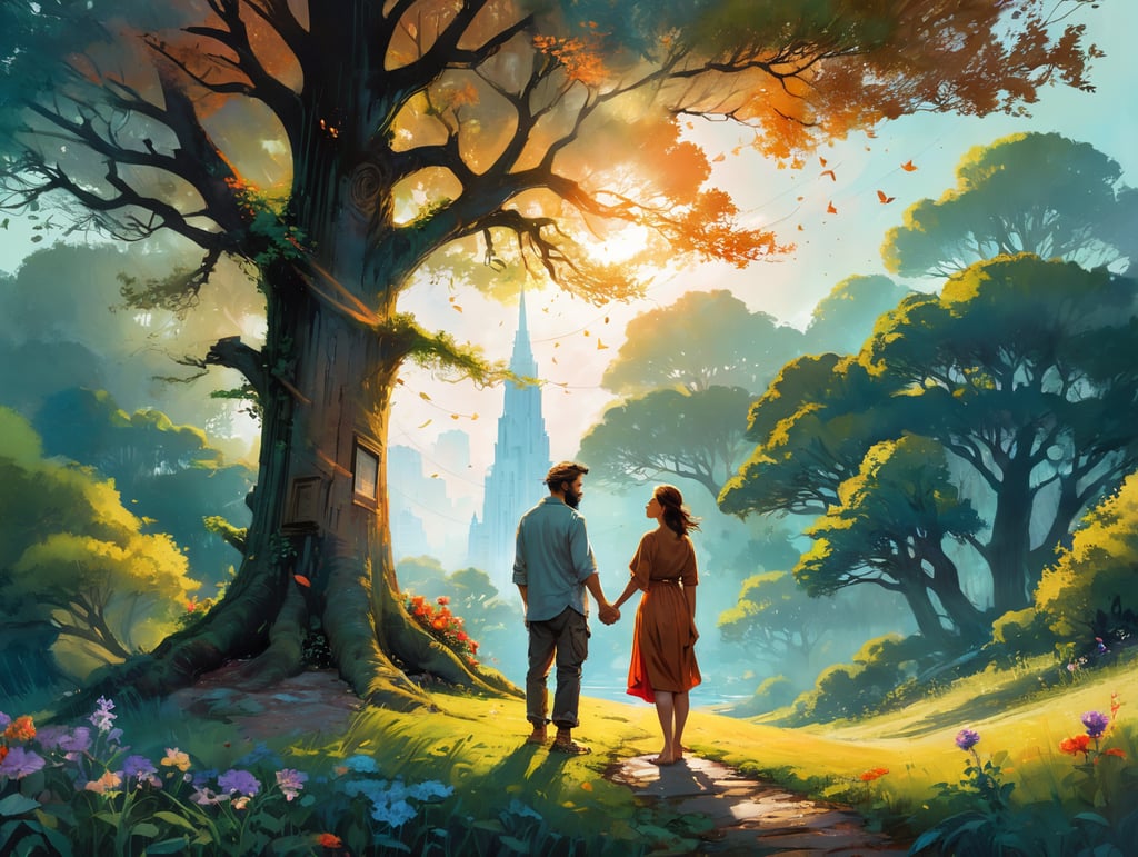 In a serene, sunlit garden, two people stand beneath a towering oak tree. They face each other, holding hands, their eyes filled with deep affection. Around them, vibrant flowers and lush greenery symbolize growth and life. On the ground, an open Bible rests, its pages gently rustling in the breeze. This one frame scene encapsulates a love story rooted in faith, where love and spirituality intertwine, giving strength and depth to their connection.