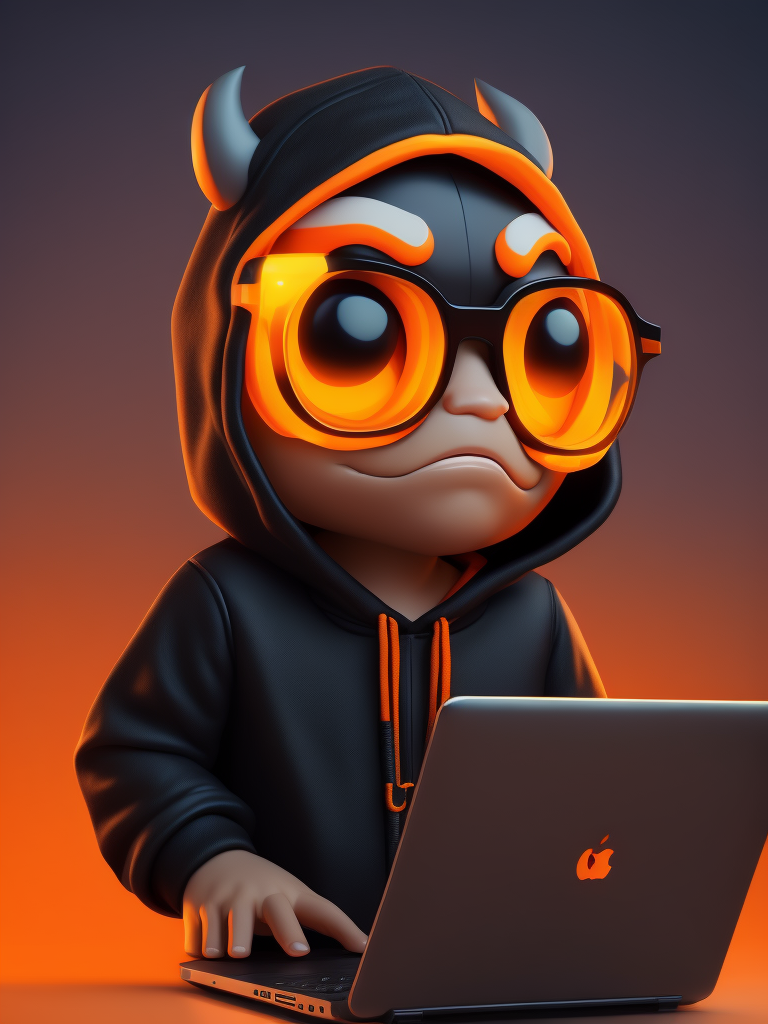 mascot monster typing laptop, a cute mascot character wearing black hoodie and glasses, orange color, funko pop, vibrant gradient background,