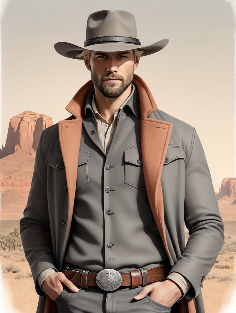 Handdraw, 30 years old blond men, 3days beard, modern western outfit, longcoat grey , melon hat grey, revolver on belt, portrait