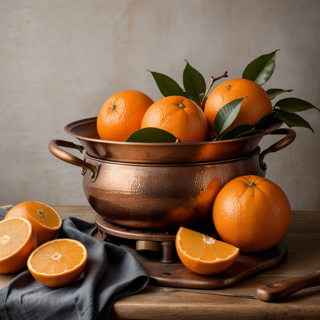 Create a still life with oranges and a copper pan, with fabric, in the style of Dutch artists