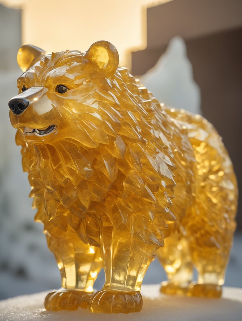 Highly detailed shot of an yellowish ice sculpture in the shape of a Russian Bear, full-body shot, dramatic shattering ice background, full motion effects, diagonal view, ice crystal particles everywhere, back light, ultra sharp focus, high speed shot, subtle color, Bioluminescence, high quality, honey