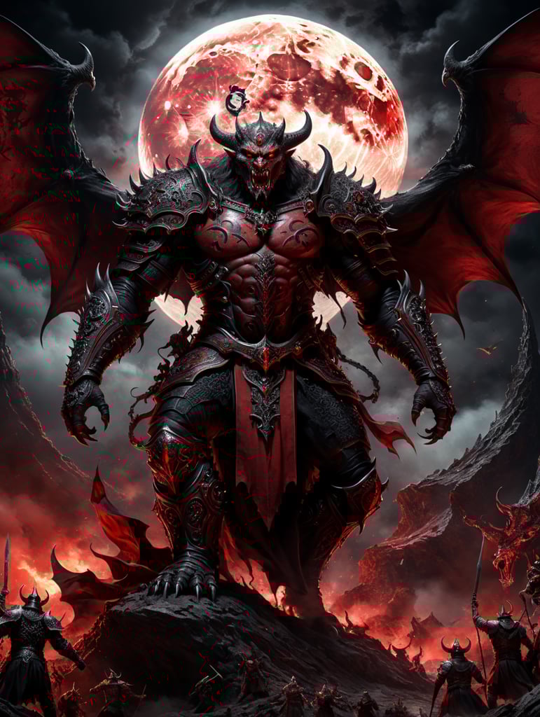 Demons on the moon in black and red colors in medieval style, banner with many details.