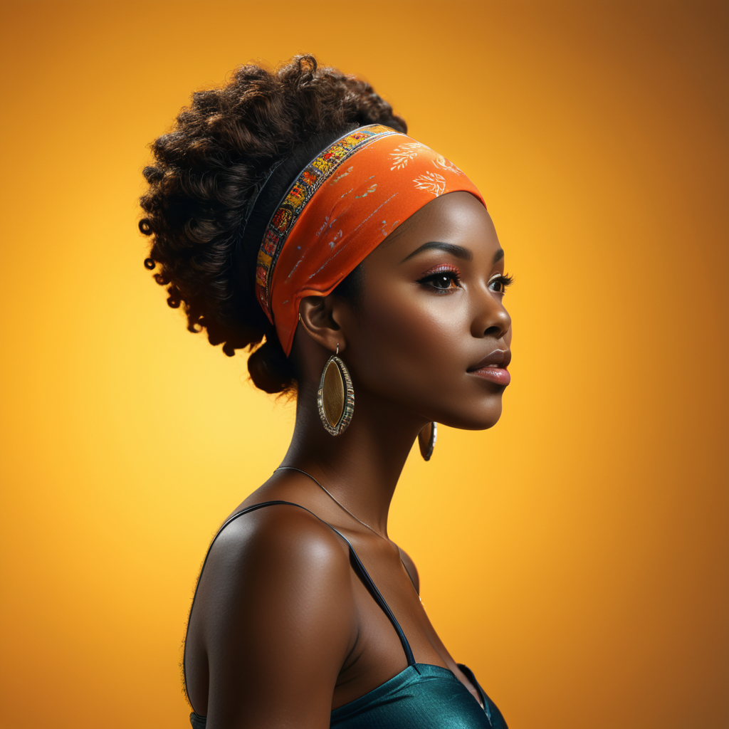 A side profile portrait of a black woman, headband, vibrant dark skin tone, shiny skin, studio lighting, ultra-realistic photography
