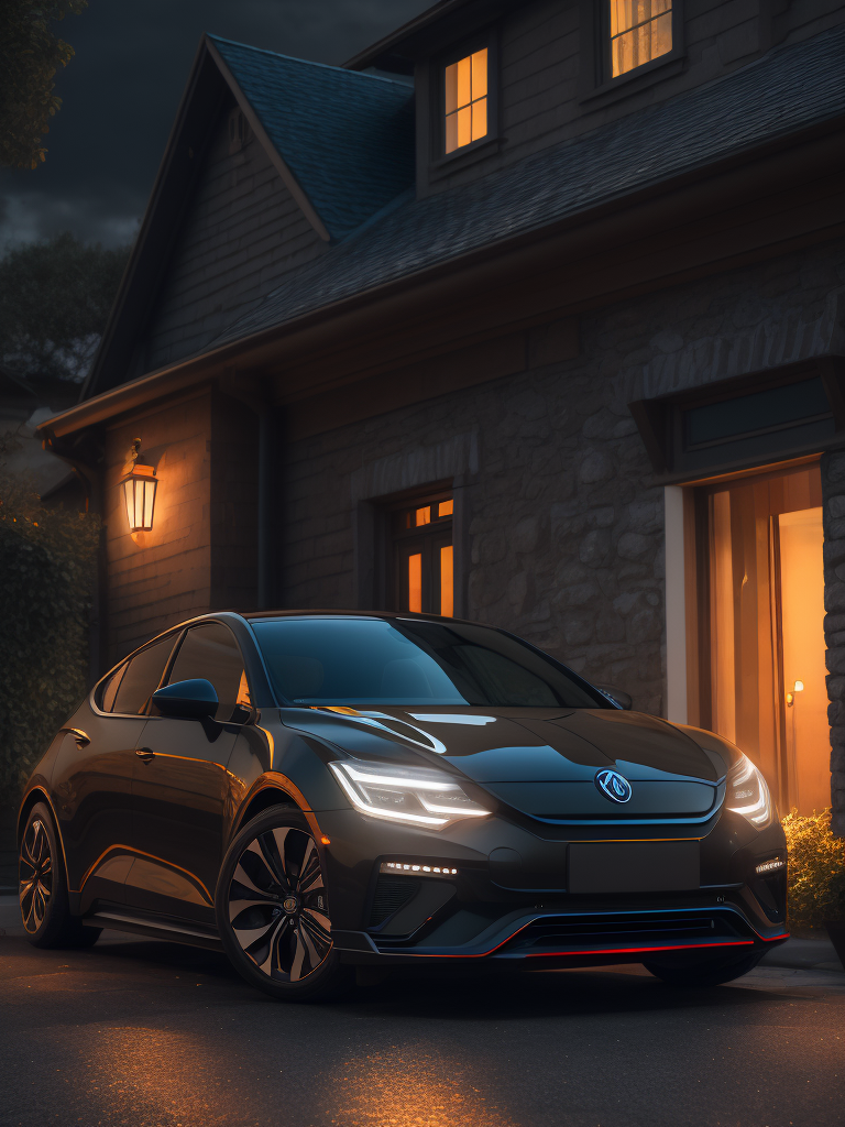 electric vehicle charging at night at house, dramatic lighting