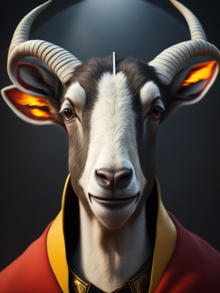 Portrait of a goat's head wearing a catholic pope's dress, cinematic lighting, cyberpunk, octane render, color grading, shot on 35 mm lense, depth of field, dof, tilt blur, shutter speed, white balance, super resolution, hdr, megapixel, pro photo rgb, halfrear lighting, backlight, natural lighting, incandescent, optical fiber, moody lighting, global illumination, path tracing, studio lighting, soft lighting, -ray tracing --diffraction grading --chromatic aberration --gb displacement --ambient occlusion --txaa --post processing -- cell shading --tone mapping --cgi --vfx--insanely detailed and intricate