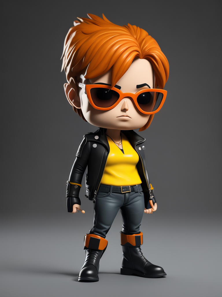 Full body Plastic figurine of a brutal chick with Red hair, black glasses, leather jacket, black boots, 3d octane render, funko pop, gradient background, orange backlight