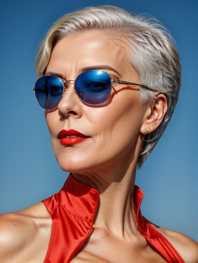 A portrait of a beautiful English older woman with white platinum short hair and big sunglasses, dressed all red, blue background, big cleavage, glamorous London portrait, highly realistic, women designer, very fashionable, colourful