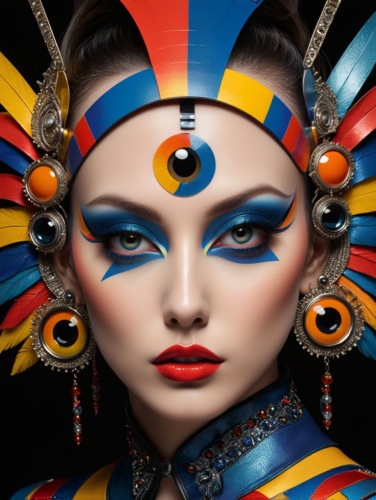 A unique close-up shot, capturing the essence of high fashion, revealing a single eye adorned with a striking avant-garde makeup design, reminiscent of the Pop Art movement, featuring vibrant primary colors and bold graphic lines, exuding an air of boldness and creativity, emphasizing, accentuating, commanding attention.