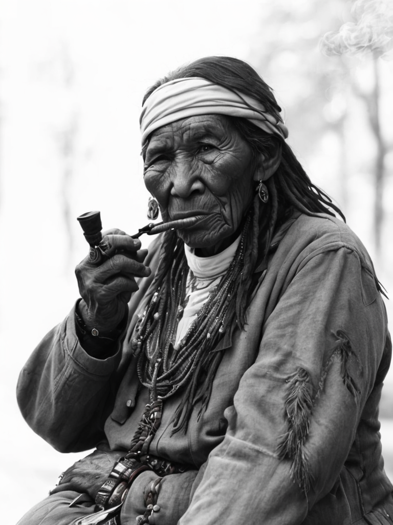 Canada's First Nations people, rare historical photo, black and white photography, a old woman smoking a pipe, redskin, native Americans