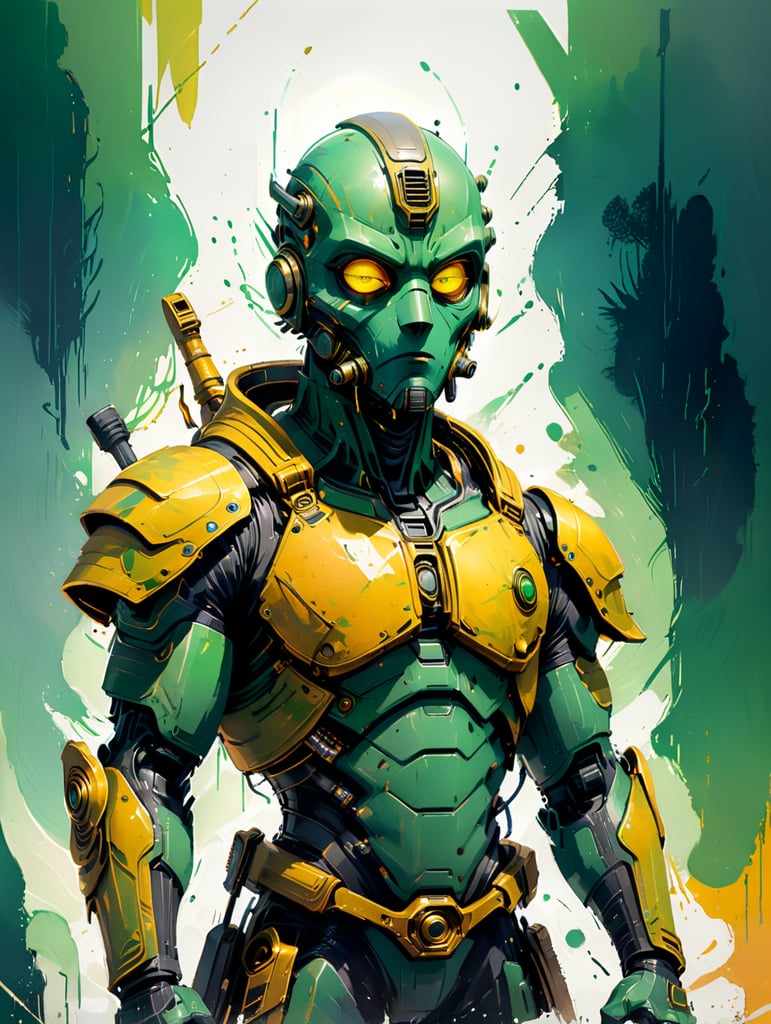 kyuzo species, full body, science fiction, green alien character, yellow eyes, shield as hat, breathing mask, blaster rifle, wearing log robes over light armor, ralph mcquarrie style