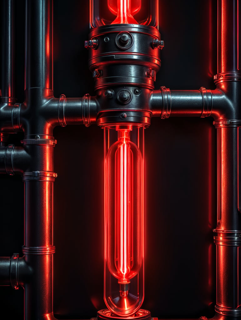 Close-up photo of a neon tube glowing with a bright red light, isolated, black background