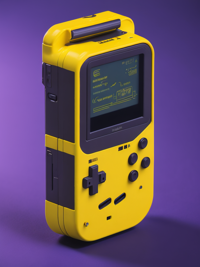 3d pixel retro tiny cute yellow game boy render, purple background