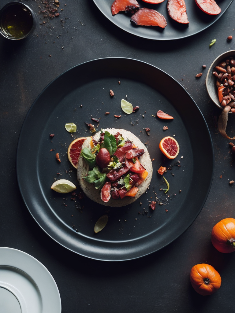 Craft a mouthwatering plate of gourmet cuisine with beautifully arranged ingredients.