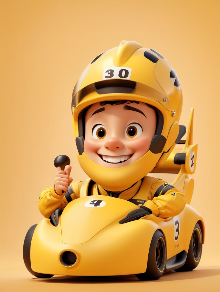 Smiling and cheerful racer in a yellow racer suit on an isolated yellow background