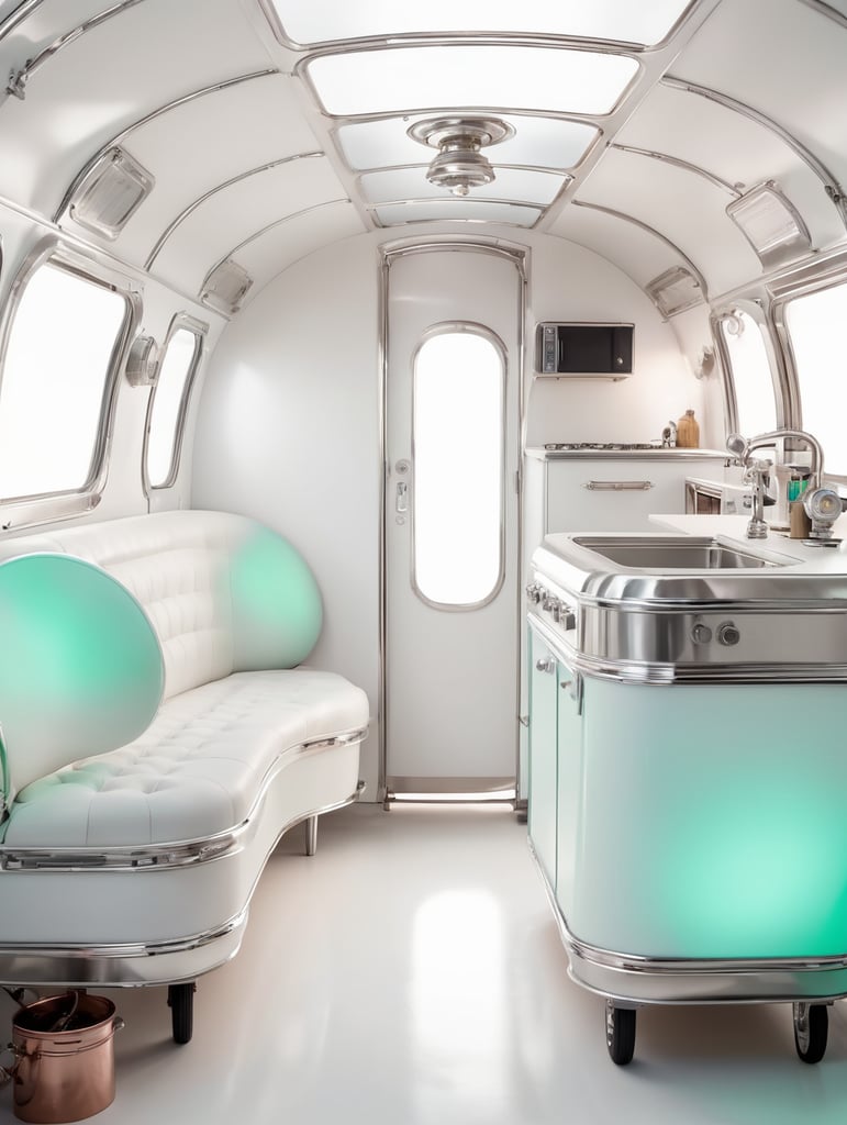 Futuristic alien Airstream camping trailers, steampunk and neon, cyber technology