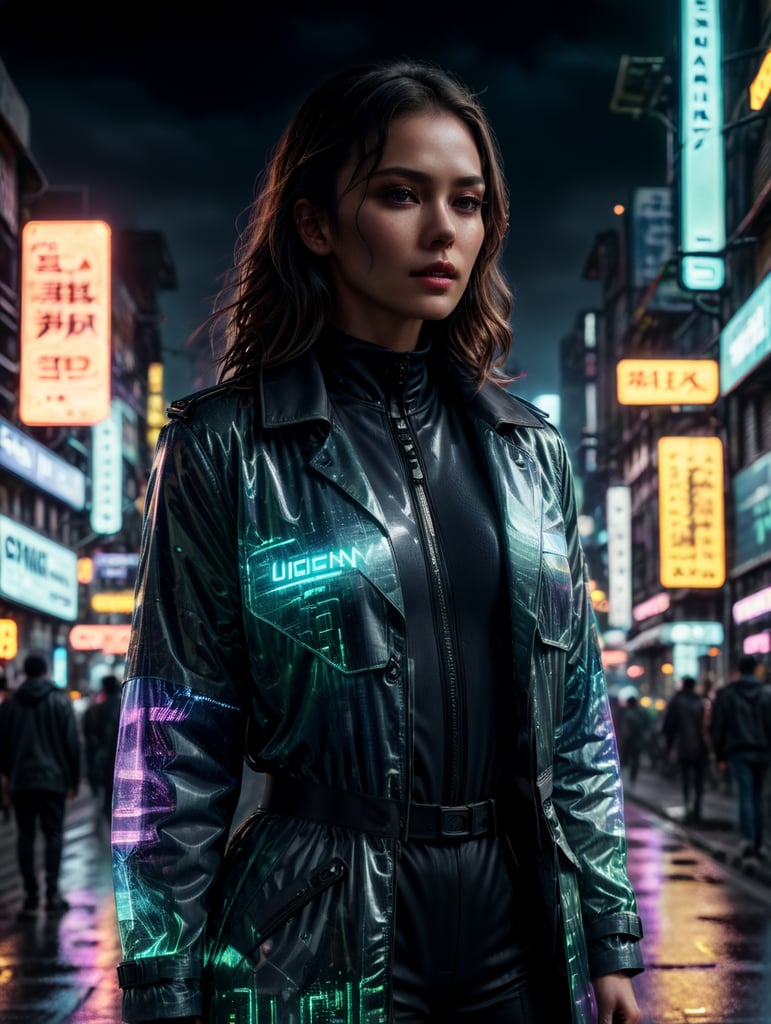 A women wearing translucent coat, standing on a street, neon cyber city, dark night, neon signs