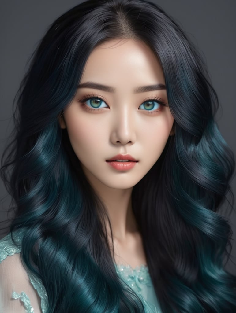 Blue-black haired, otherworldly teal eyes, young Korean women with inhuman beauty