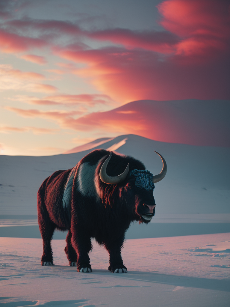 Screenshot from the film 2001 A Space Odyssey by Alejandro Jodorowsky, smiling viking Anthropomorphic buffalo creature in an ice desert North pole, Landscape photography, sunset northern lights, Wes Anderson photography, turquoise and pink white