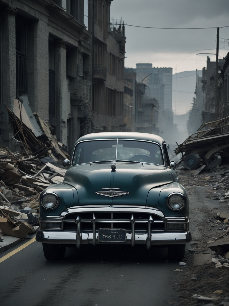 black and white photo of a 1952 Gray Chevrolet goes through bombed city, world war 2