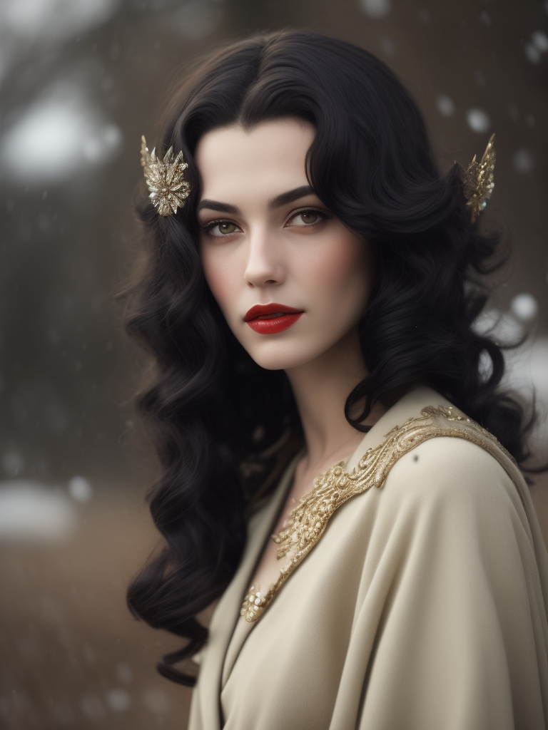 Beautiful young woman, princess, very pale, curly black hair and dark eyes, Snow White, 1930s style.