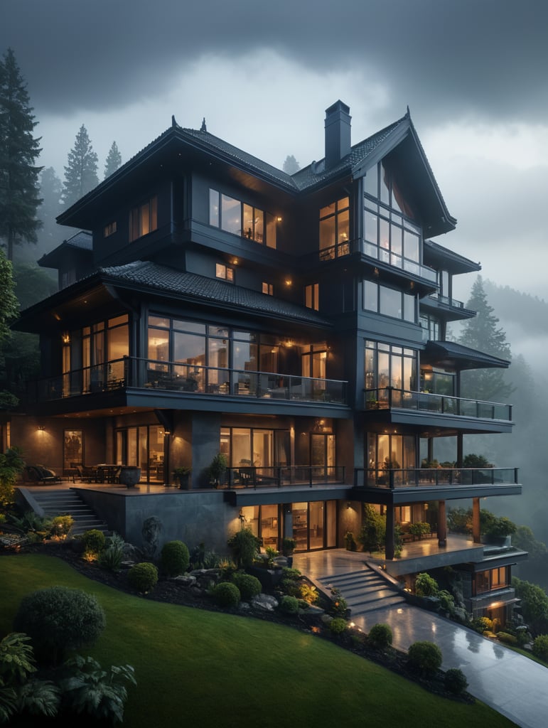 a modern luxurious house in serene nature. the background is relatively muted with fog