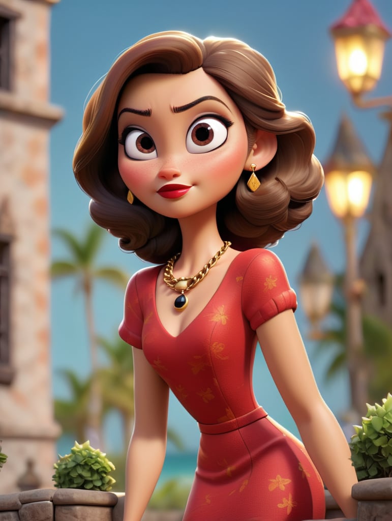 ultra realistic stunning spy latin girl beauty, Cuba, red matte tight long dress, tiny dress, short hair, straight hair, bob-like haircut, curvy body, wide jaws, dark eyes, dark hair, tanned skin, dark makeup, dark red lipstick, gold earings, gold necklace, cartoon style, outside, ocean side, city in background, golden chained braces, warm lighting, straight lighting, strong lighting, hold on stone fences, daylight, official portrait, holding whisky glass, dress with lot of golden chains, smirk, closeup portrait, palm trees