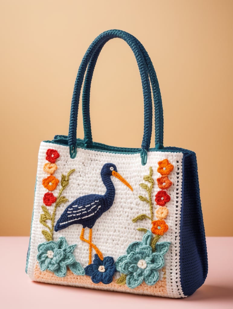 Crochet túi xách với hoạ tiết con cò trắng nền nhiều màu sắc