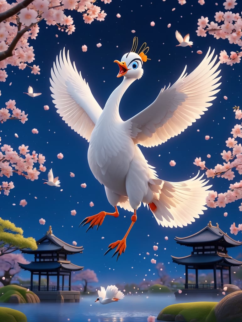A Japanese crane flying in a blue night sky surrounded by falling cherry blossoms