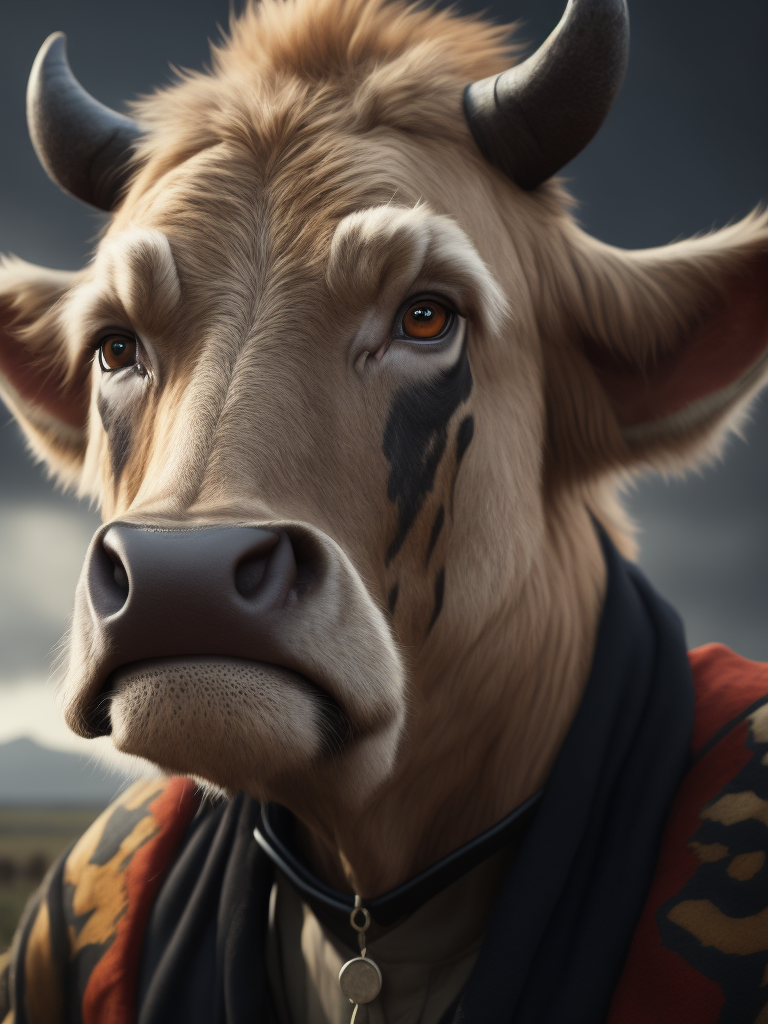 Elderly person disguised in a cow costume, CINEMATIC , DRAMATIC