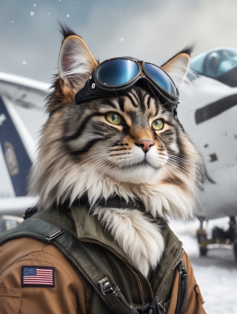 Photorealistic portrait of a main coon cat in a pilot's outfit, realism, a jet plane in the background, snow